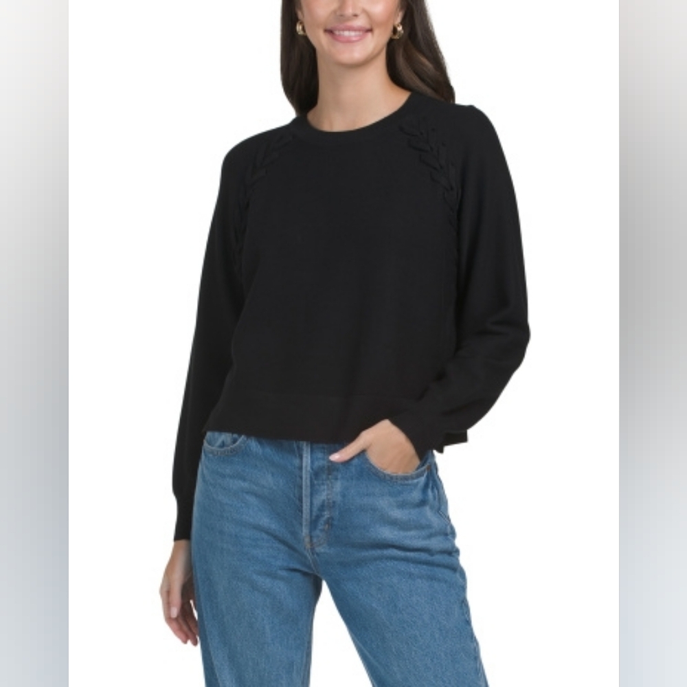 NWT - Adrianna Papell Black Crew Neck Sweater with Lace Up Detail - Size XL